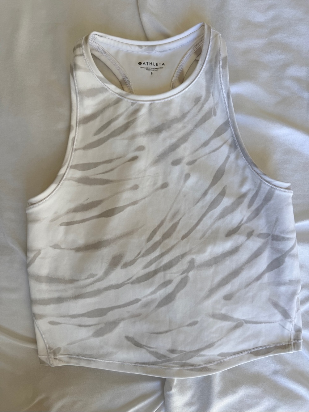 Athleta White Tank Top with Light Gray Zebra Print